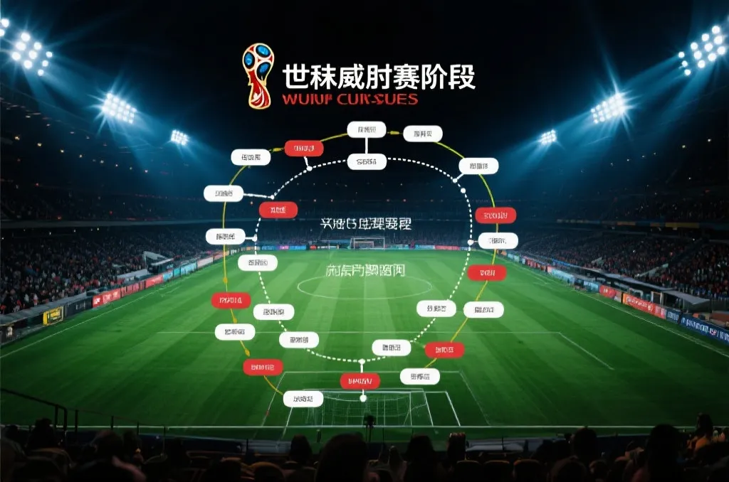 世界杯赛程阶段示意图，突出小组赛、淘汰赛与决赛节点