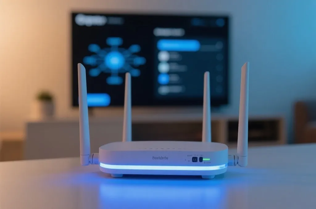 A close-up of a high-speed home internet router with soft blue LED lights, showing a network setup menu on a smart TV in the background